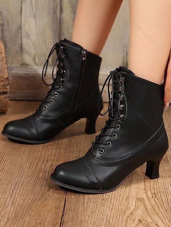 Solid Color Martin Boots Chunky Heel Mid-Calf Biker Ankle Boots - Noir EU 42