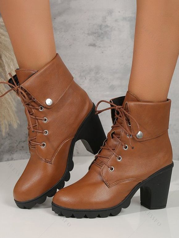 Fold-Over Ankle Boots High Heel Round Toe Chunky Heel Lace-Up Martin Boots - café EU 36