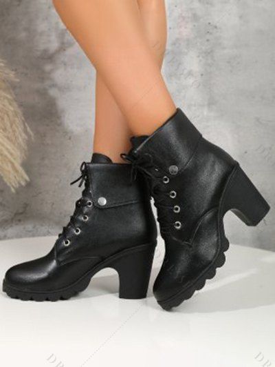 Fold-Over Ankle Boots High Heel Round Toe Chunky Heel Lace-Up Martin Boots - Noir EU 42