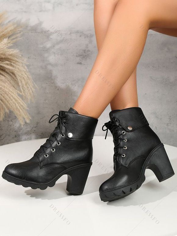 Fold-Over Ankle Boots High Heel Round Toe Chunky Heel Lace-Up Martin Boots - Noir EU 42