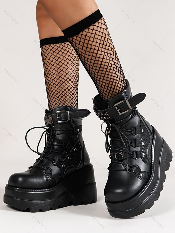 Studded Buckle Strap Platform Gothic Wedge Lace Up Mid-Calf Boots - Noir EU 36