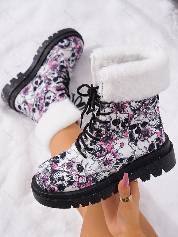 Halloween Skull Floral Graffiti Furry Lace Up Ankle Boots - multicolor A EU 42