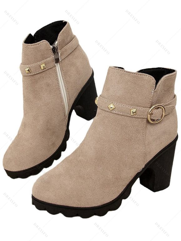 Chunky Heel Round Toe Studded O-Ring Martin Boots Side Zipper Ankle Boots - café lumière EU 36