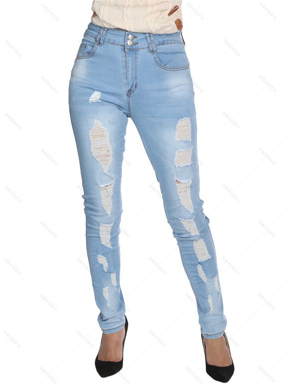 Jean Décontracté Long Déchiré Zippé en Couleur Unie avec Poches en Denim - Bleu clair M