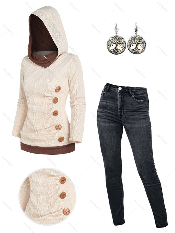 Contrast Color Cable Knit Mock Button Hooded Sweater And Dark Wash Zip Fly Pencil Jeans Life Tree Pattern Hoop Drop Earrings Outfit - café lumière S | US 4