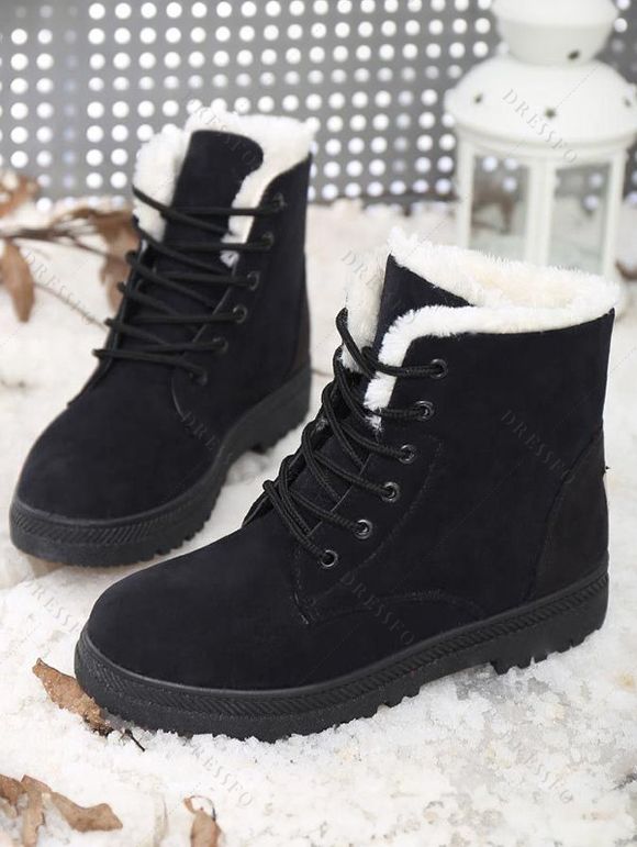 Solid Fleece-Lined Winter Snow Boots Comfortable Flat Lace-Up Shoes - Noir EU 36