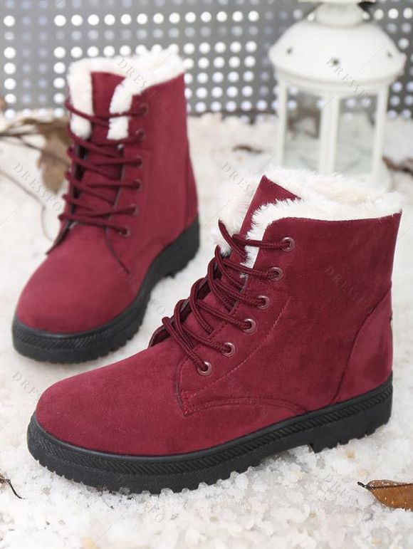 Solid Fleece-Lined Winter Snow Boots Comfortable Flat Lace-Up Shoes - Rouge EU 42