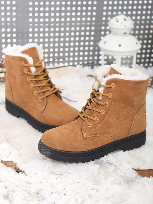 Solid Fleece-Lined Winter Snow Boots Comfortable Flat Lace-Up Shoes - Jaune EU 42