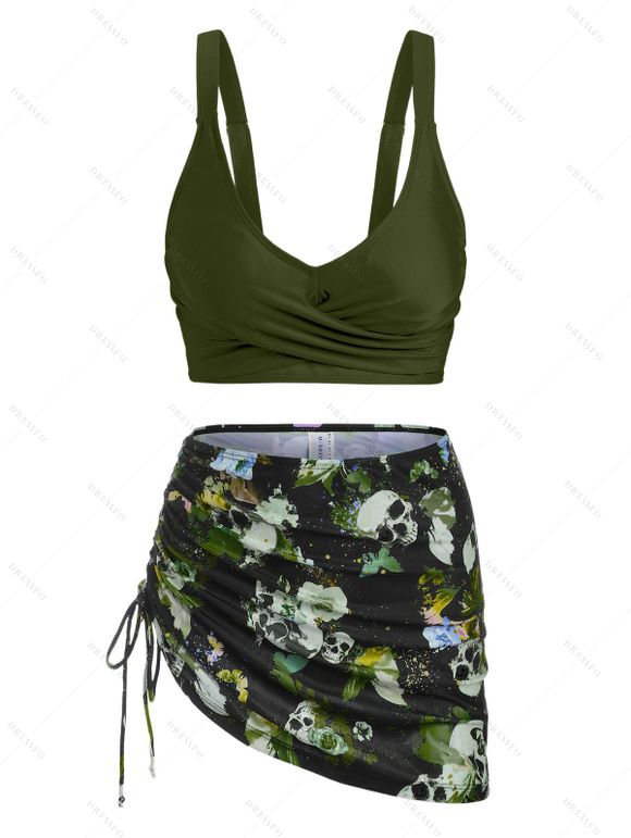 Gothic Tankini Swimwear Skull Butterfly Floral Print Bathing Suit Crossover Cinched Skirt Beach Three Piece Swimsuit - Vert XXXL