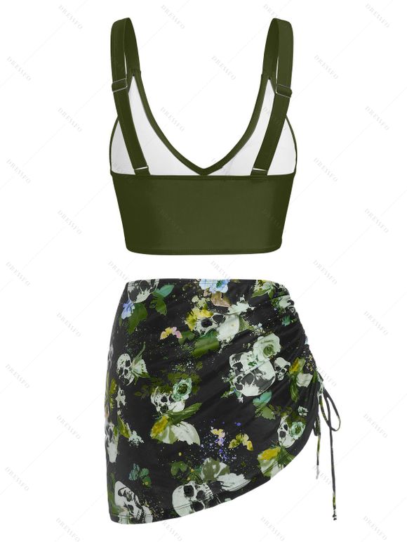 Gothic Tankini Swimwear Skull Butterfly Floral Print Bathing Suit Crossover Cinched Skirt Beach Three Piece Swimsuit - Vert XXXL