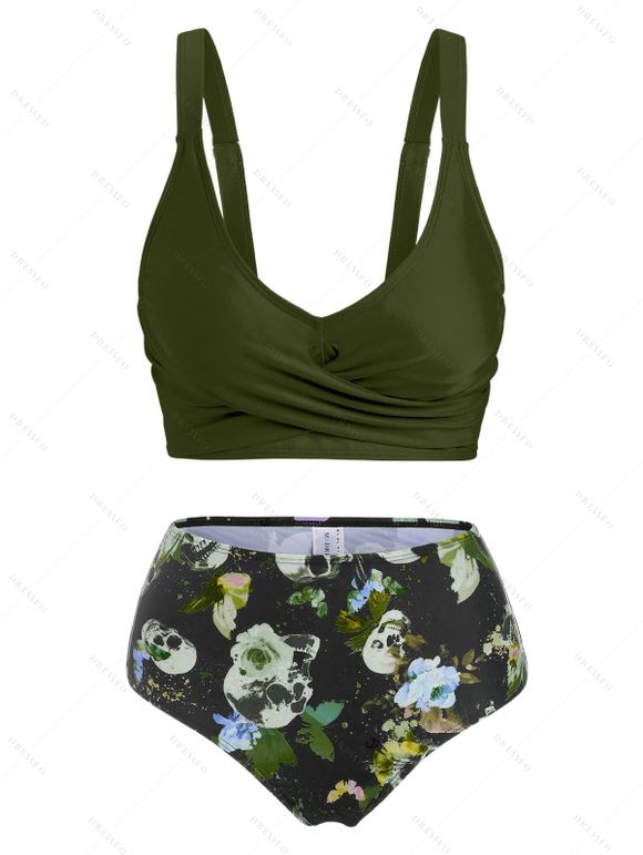 Gothic Tankini Swimwear Skull Butterfly Floral Print Bathing Suit Crossover Cinched Skirt Beach Three Piece Swimsuit - Vert XXXL