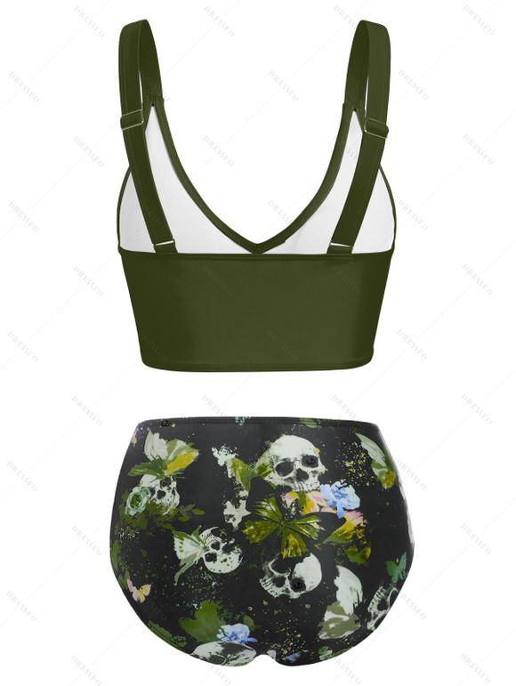 Gothic Tankini Swimwear Skull Butterfly Floral Print Bathing Suit Crossover Cinched Skirt Beach Three Piece Swimsuit - Vert XXXL