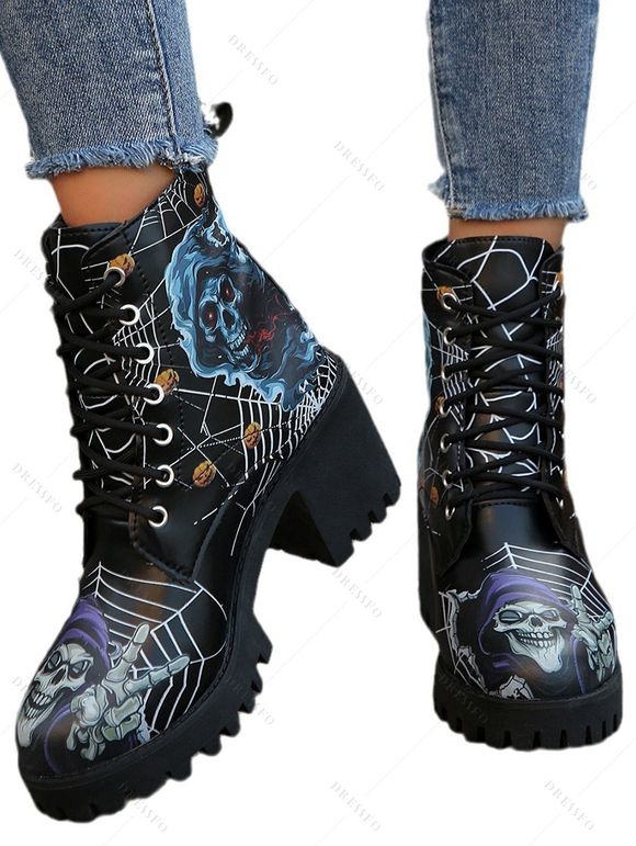 Gothic Skull Print Lace-Up Chunky Heel Ankle Martin Boots - Noir EU 36