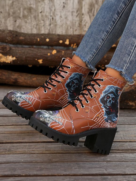 Gothic Skull Print Lace-Up Chunky Heel Ankle Martin Boots - café EU 42