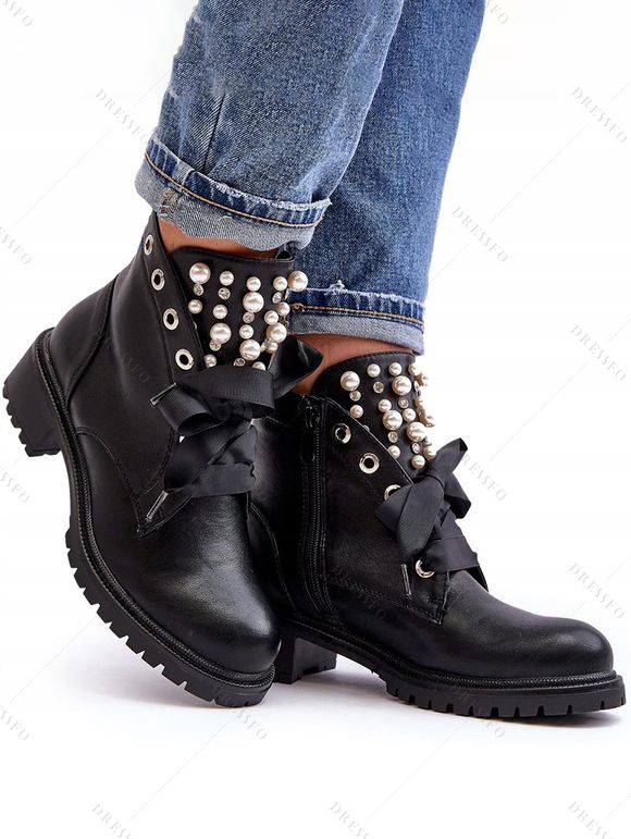 Solid Chunky Heel Round-Toe Lace-Up Pearl Decor Low-Cut Martin Boots - Noir EU 36