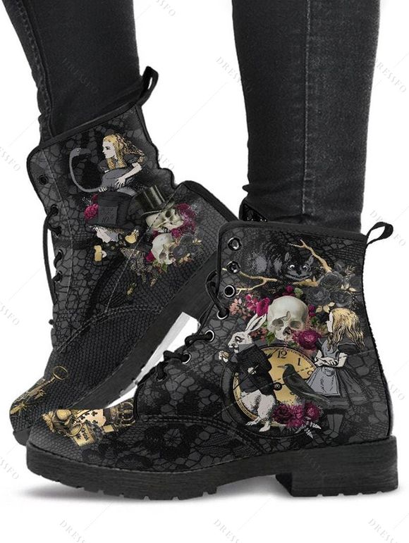 Clock, Skull, Floral, and King Print Lace-Up High-Top Martin Boots - Noir EU 36