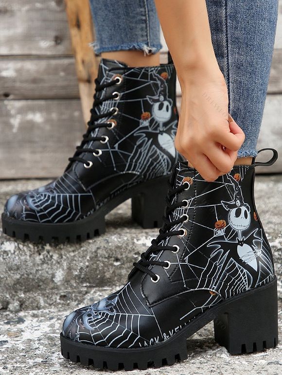 Halloween Skull Cartoon Graffiti Lace-Up Ankle Boots High Heel Martin Boots - Noir EU 42