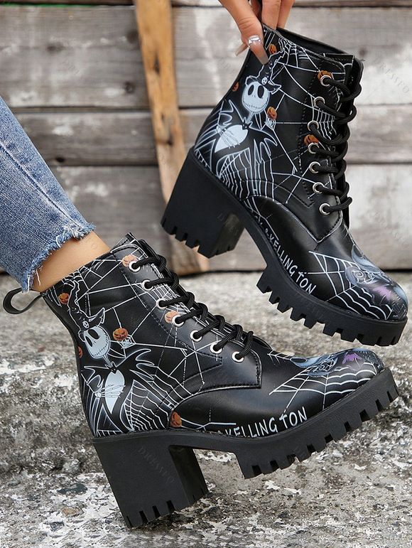 Halloween Skull Cartoon Graffiti Lace-Up Ankle Boots High Heel Martin Boots - Noir EU 42