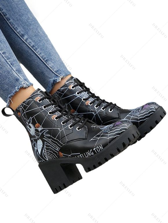 Halloween Skull Cartoon Graffiti Lace-Up Ankle Boots High Heel Martin Boots - Noir EU 42