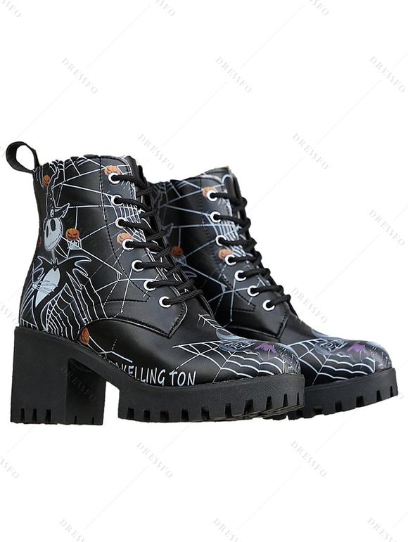 Halloween Skull Cartoon Graffiti Lace-Up Ankle Boots High Heel Martin Boots - Noir EU 42