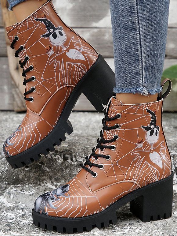 Halloween Skull Cartoon Graffiti Lace-Up Ankle Boots High Heel Martin Boots - café EU 36