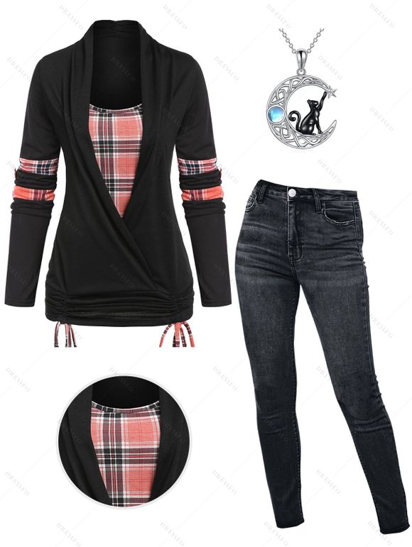 Plaid Cinched Tie 2 In 1 Ruched Rolled Up Sleeve Twofer T-shirt And Dark Wash Zip Fly Pencil Jeans Moon Cat Star Pendant Chain Necklace Outfit - Violet clair S | US 4