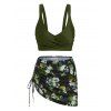 Gothic Tankini Swimwear Skull Butterfly Floral Print Bathing Suit Crossover Cinched Skirt Beach Three Piece Swimsuit - Vert XXXL
