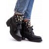 Solid Chunky Heel Round-Toe Lace-Up Pearl Decor Low-Cut Martin Boots - Noir EU 36