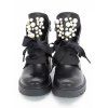 Solid Chunky Heel Round-Toe Lace-Up Pearl Decor Low-Cut Martin Boots - Noir EU 36