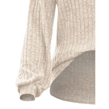 Half Button Ribbed Textured Lantern Sleeve Scoop Neck Top 