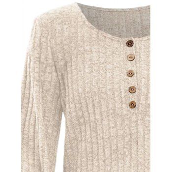 Half Button Ribbed Textured Lantern Sleeve Scoop Neck Top 