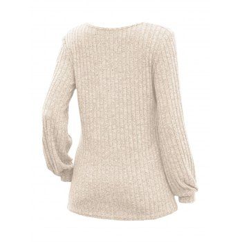 Half Button Ribbed Textured Lantern Sleeve Scoop Neck Top 