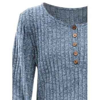 Half Button Ribbed Textured Lantern Sleeve Scoop Neck Top 
