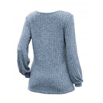 Half Button Ribbed Textured Lantern Sleeve Scoop Neck Top 