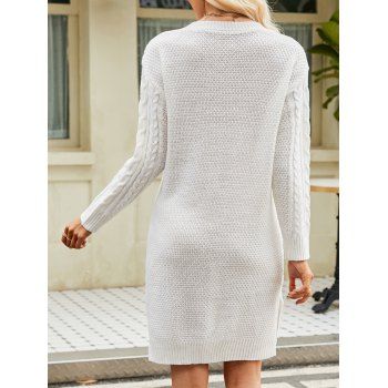 Solid V Notch Cable Slit Drop Shoulder Sweater Dress