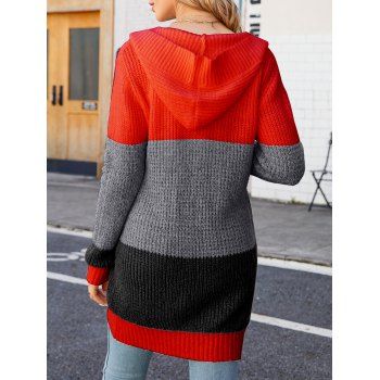 Colorblock Hooded Drop Shoulder Ribbed Trim Pockets Cardigan