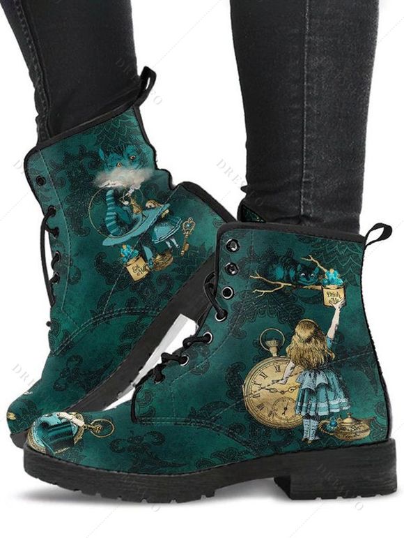 Fairy Tales Alice Lace-Up Chunky Sole Ankle Boots Comfortable Martin Boots - Vert profond EU 36