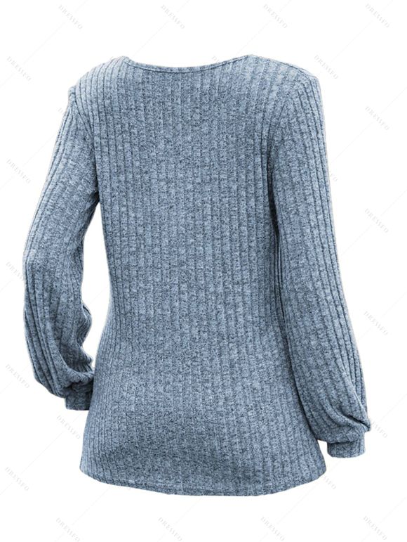 Haut Texturé Côtelé à Demi-Bouton Manches Lanternes à Col Bénitier - Bleu gris L | US 8