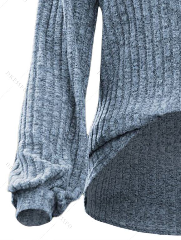 Haut Texturé Côtelé à Demi-Bouton Manches Lanternes à Col Bénitier - Bleu gris L | US 8