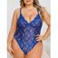 Body Croisé Fleuri en Dentelle Transparente sans Dos de Grande Taille - Bleu 4XL | US 18