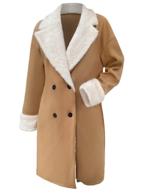 Drop Shoulder Fluffy Liner Coat Double Breasted Contrast Long Coat