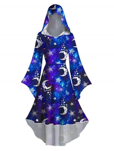 Robe Mi-Longue à Capuche Haute Basse Etoile Lune Galaxie Imprimés à Manches Bouffantes