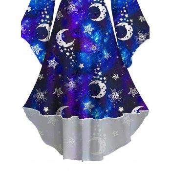 Flutter Sleeve High Low Hooded Dress Allover Galaxy Moon Star Print Midi Dress