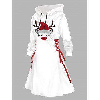 Christmas Elk Pattern Lace Up Hooded Dress Long Sleeve A Line Mini Dress