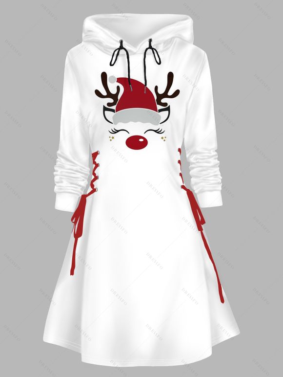 Robe courte trapèze à manches longues et capuche à lacets et motif élan de Noël - Blanc L | US 8-10
