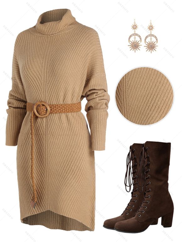 Turtleneck Drop Shoulder High Low Sweater Dress And Chunky Heel Lace Up Mid Calf Boots Rhinestone Drop Earrings Outfit - café S | US 4