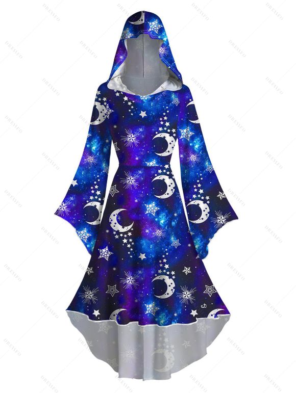 Robe Mi-Longue à Capuche Haute Basse Etoile Lune Galaxie Imprimés à Manches Bouffantes - Noir S | US 4