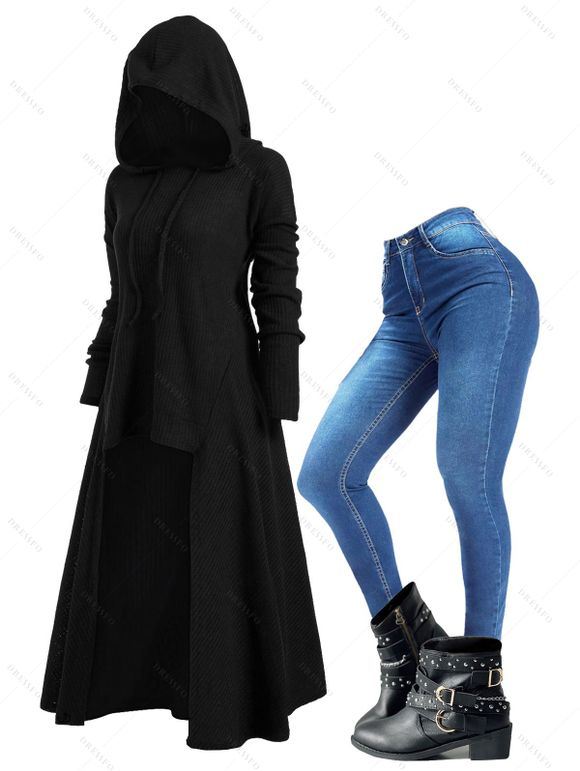 Drop Shoulder High Low Hem Longline Hooded Sweater And Zip Fly Skinny Pencil Jeans Rivet Buckle Strap Boots Outfit - Noir S | US 4