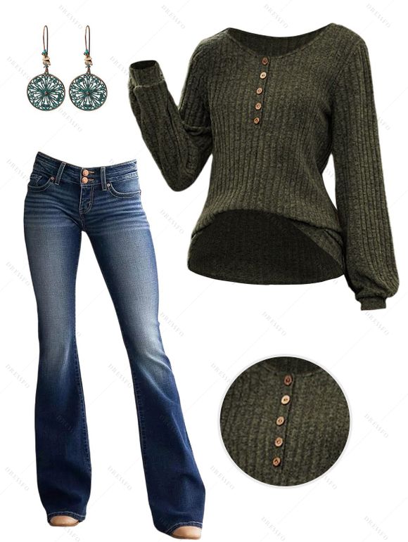 Half Button Ribbed Long Sleeve Top And Faded Wash Double Button Zip Fly Long Flare Jeans Hollow Out Tribal Earrings Outfit - Vert profond S | US 4