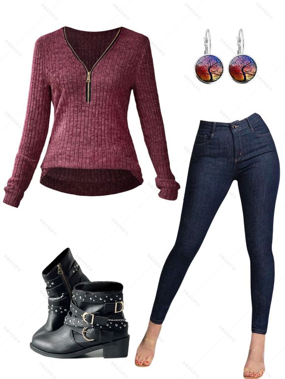 Half Zipper Ribbed Textured Long Sleeve Top And Topstitching Pocket Pencil Jeans Rivet Buckle Strap Zip Up Boots Tree of Life Earrings Outfit - Rouge foncé S | US 4